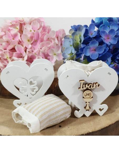 Portaconfetti comunione cuore legno personalizzato con nome
