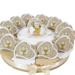 Torta bomboniera per Prima Comunione con centrale e bomboniere da appoggio con Calice e Ostia