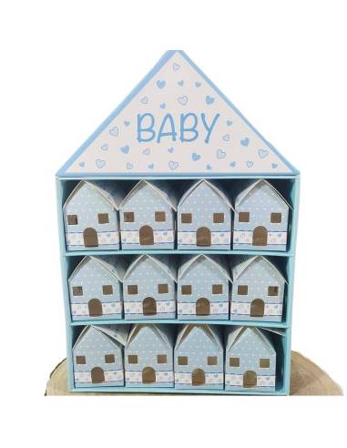 Scatole portaconfetti battesimo maschio casette azzurre stampa baby