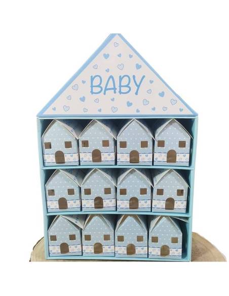 Scatole portaconfetti battesimo maschio casette azzurre stampa baby