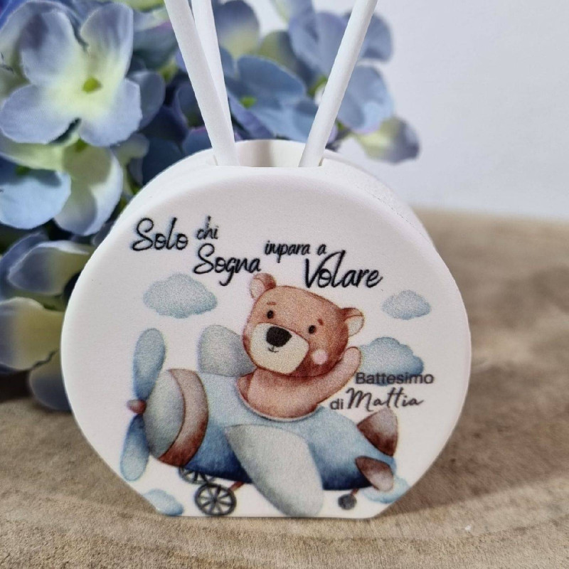 Profumatore bomboniera Battesimo orsetto aeroplano personalizzato