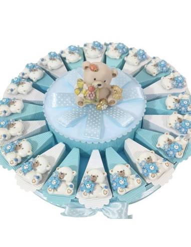 Torta di bomboniere orsetto magnete bimbo fiori azzurri