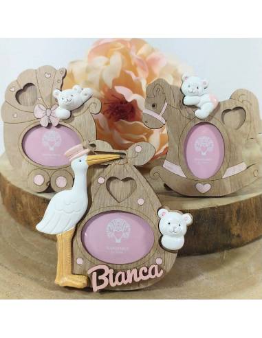 Portafoto Battesimo bimba orsetto in legno