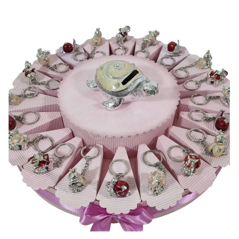 Torta bomboniere animaletti portachiavi argentati completa