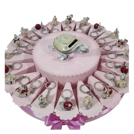 Torta bomboniere animaletti portachiavi argentati completa