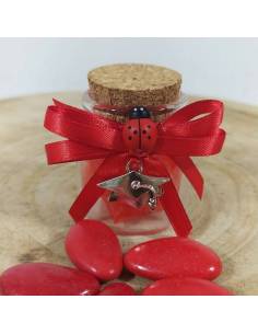 Bomboniera Vasetto LAUREA con  pergamena e TOCCO in zinco, con NASTRO e  confetti rossi