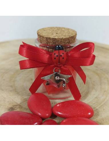 Bomboniera Vasetto LAUREA con  pergamena e TOCCO in zinco, con NASTRO e  confetti rossi