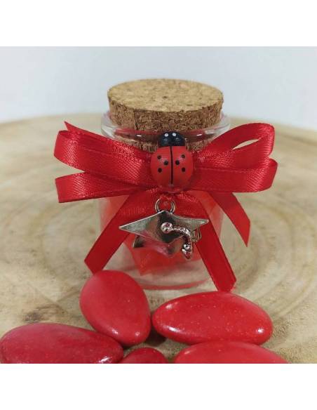 Bomboniera Vasetto LAUREA con  pergamena e TOCCO in zinco, con NASTRO e  confetti rossi