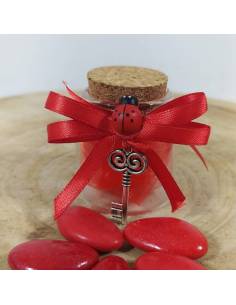 Bomboniera per laurea vasetto portaconfetti decorato con nastro rosso con pendente a forma di chiave argentata