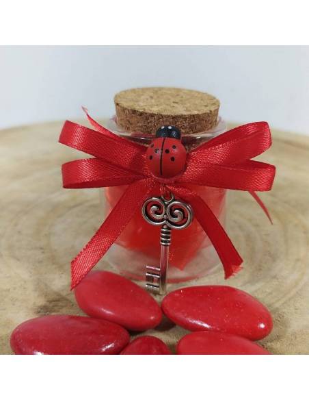 Bomboniera per laurea vasetto portaconfetti decorato con nastro rosso con pendente a forma di chiave argentata