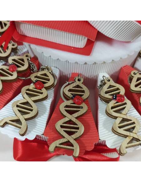 Torta bomboniere laurea biologia portachiavi DNA coccinella portafortuna confetti inclusi