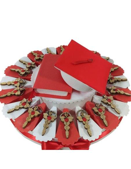 Torta bomboniere laurea farmacia portachiavi caduceo in legno confetti inclusi