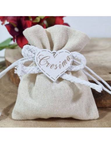 Sacchetti Cresima economici tag legno cuore