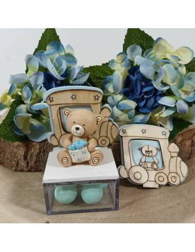 Bomboniere orsetti scatola plexiglass trenino in legno