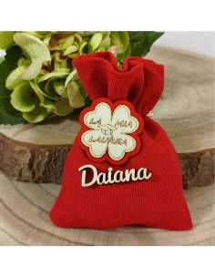 Sacchetto bomboniera laurea quadrifoglio portafortuna nome in legno