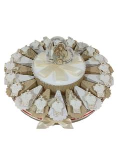 Torta bomboniere croce Sacra Famiglia con nappa beige