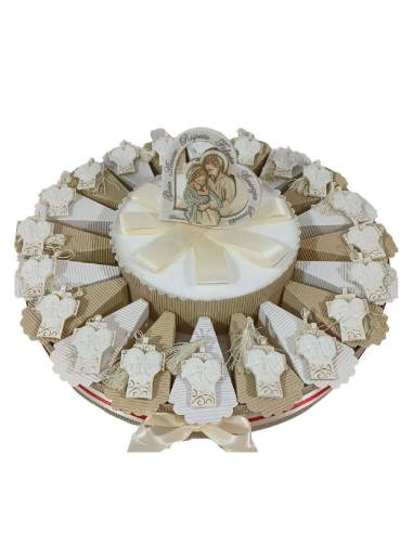 Torta bomboniere croce Sacra Famiglia con nappa beige