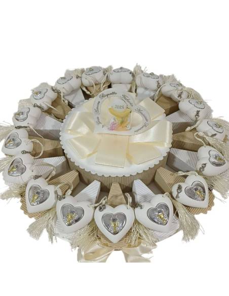 Torta bomboniera Prima Comunione cuore argentato con Albero della Vita