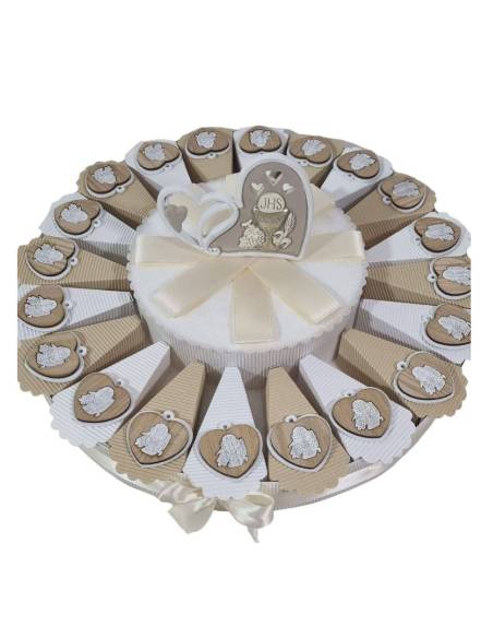 Bomboniera per Comunione torta con cuore confetti + bigliettino