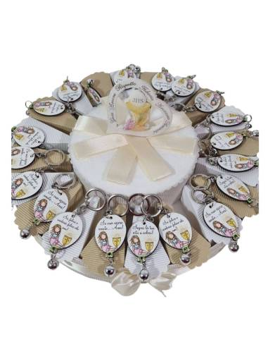 La Torta bomboniera Comunione palloncini frasi ha sulle fette i portachiavi a forma di palloncino