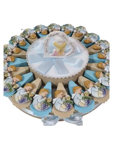 Torta bomboniere Comunione maschio magnete bambino in preghiera con Eucarestia