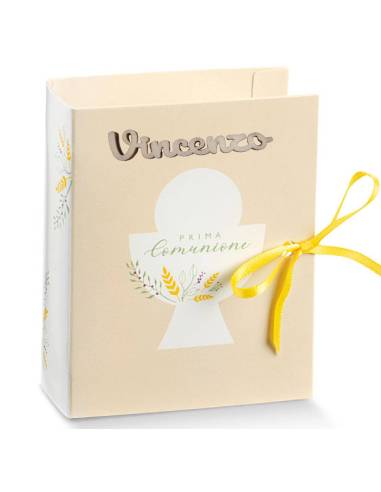 Libro calice scatoline portaconfetti originali Prima Comunione nome legno