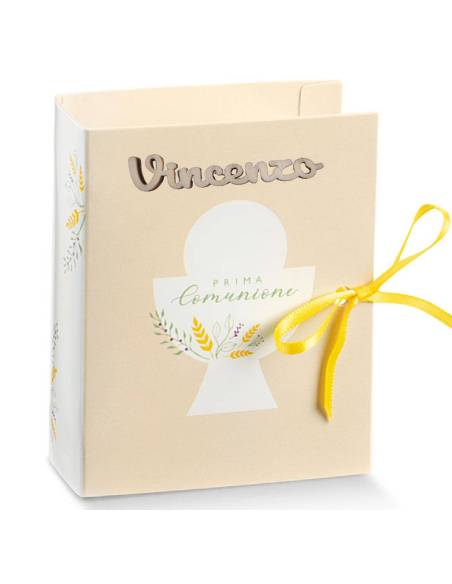Libro calice scatoline portaconfetti originali Prima Comunione nome legno