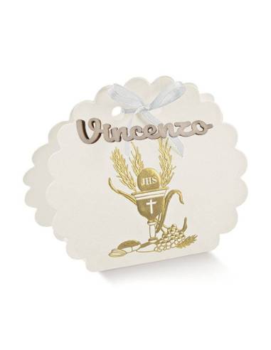 Astuccio porta confetti per confettata Prima Comunione oro personalizzato nome in legno