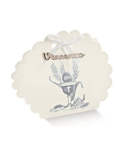 Porta confetti per confettata Prima Comunione a ventaglio argento personalizzato nome legno