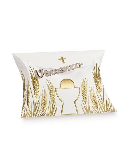 Portaconfetti Comunione con stampa di spighe e Calice nome legno