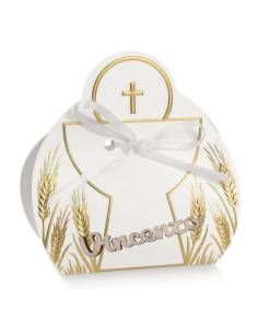 Porta confetti Comunione scatoline bianche e oro per semplici pensierini nome legno