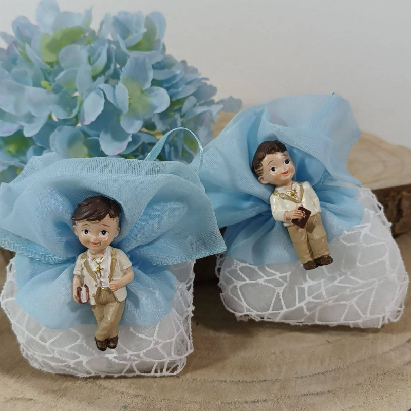 Bomboniera Prima Comunione sacchettino rete bimbo calamita