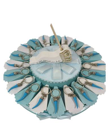 Torta bomboniere Battesimo bimbo corno azzurro e argentato