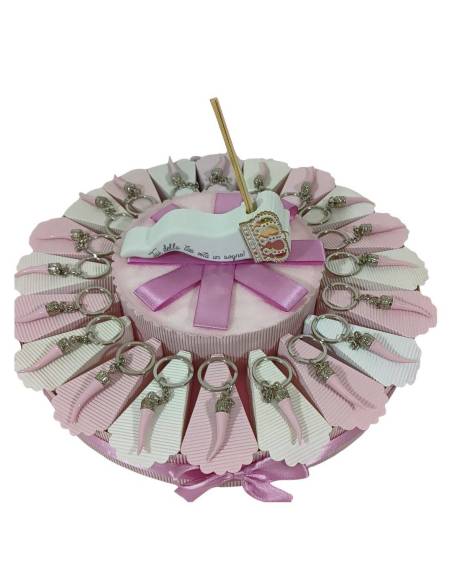 Torta bomboniere Battesimo bimba corno rosa e argentato| Sindy Bomboniere