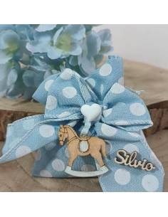 Sacchetti Battesimo bimbo azzurri pois con cavalluccio in legno e nome