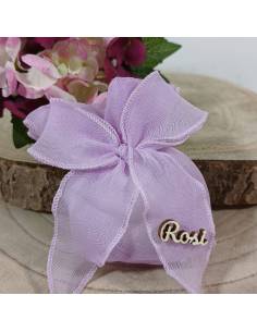 Sacchetti Portaconfetti Personalizzati organza lilla nome in legno