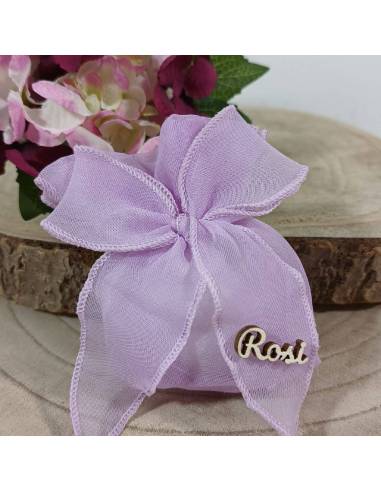 Sacchetti Portaconfetti Personalizzati organza lilla nome in legno