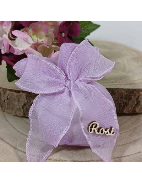 Sacchetti Portaconfetti Personalizzati organza lilla nome in legno
