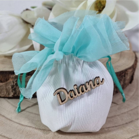 Sacchetti portaconfetti personalizzati con nome bianchi e tiffany