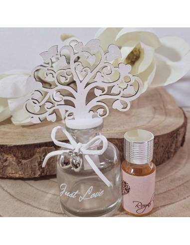 Profumatore in vetro con albero della vita in legno bianco con scritta just