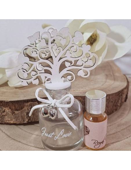 Profumatore in vetro con albero della vita in legno bianco con scritta just