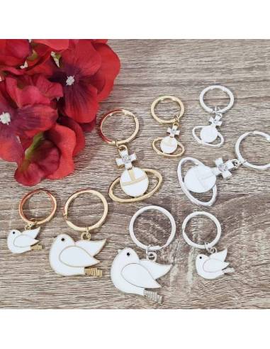 Claraluna bomboniere Comunione e Cresima portachiavi colomba e mondo croce