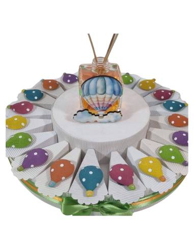 Torta di bomboniere primo compleanno mongolfiere colorate a magnete