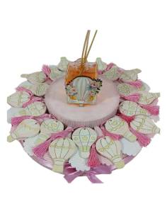 Torta di bomboniere Battesimo bimba mongolfiere calamita e nappa rosa