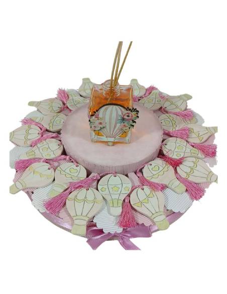 Torta di bomboniere Battesimo bimba mongolfiere calamita e nappa rosa