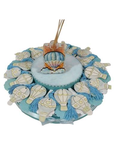 Torta di bomboniere Battesimo bimbo mongolfiere calamita e nappa azzurra
