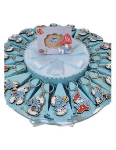 Torta bomboniere puffi portachiavi centrale portafoto