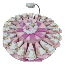Torta bomboniere Battesimo unicorno calamite e lampada centrale