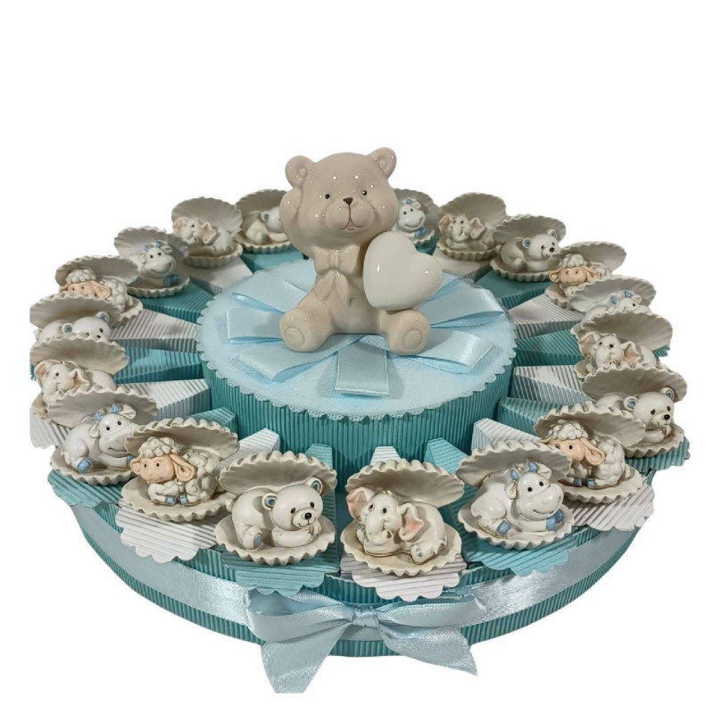 TORTA BOMBONIERA animaletti orsetto elefantino mucca con conchiglia bomboniera evento battesimo nascita 1° compleanno