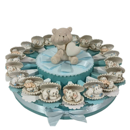 TORTA BOMBONIERA animaletti orsetto elefantino mucca con conchiglia bomboniera evento battesimo nascita 1° compleanno